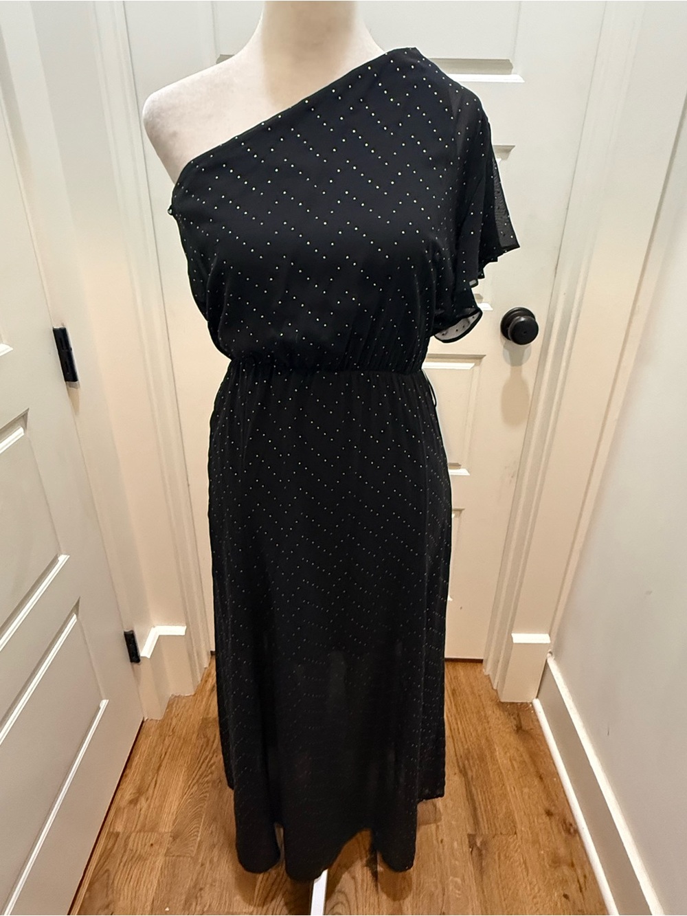 Maje. One-shoulder Black Silver Dot Dress. Size Small.